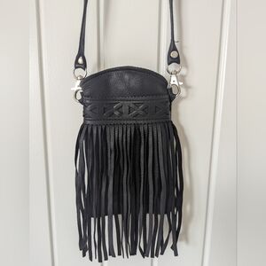 Black Leather Cell Phone Holder with Fringe for Festivals/Stampede